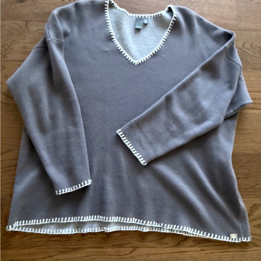 Gray V-Neck Sweater with White Trim